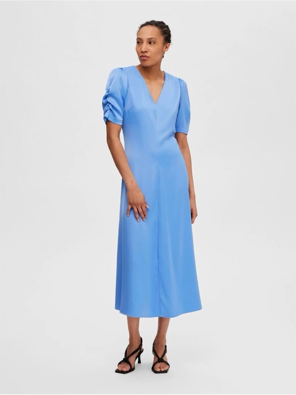 V-Neck Sky Blue Midi Dress with Ruched Short Sleeves